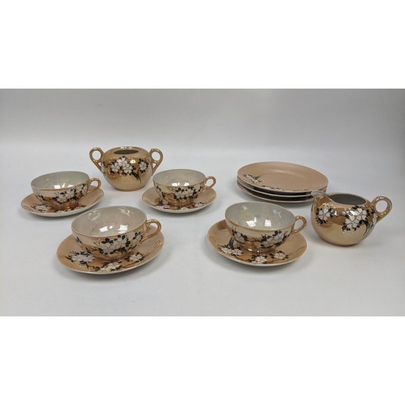 Vintage Lusterware Eggshell Porcelain Tea Set Hand Painted Flowers Japan Creamer